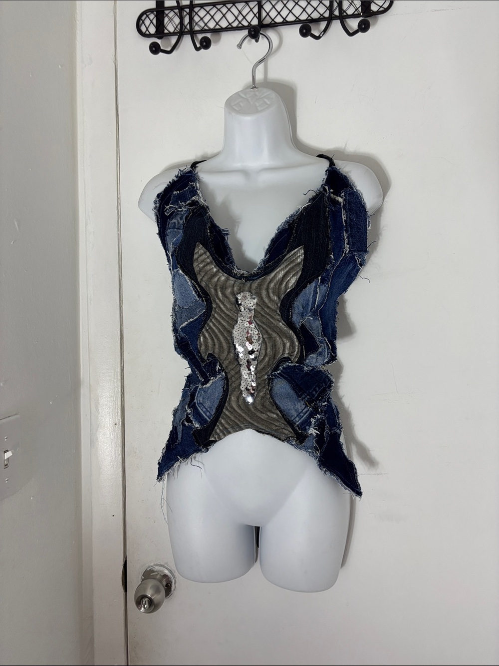 Women’s Distressed Denim & Patchwork Tank Top with Sequin Accent